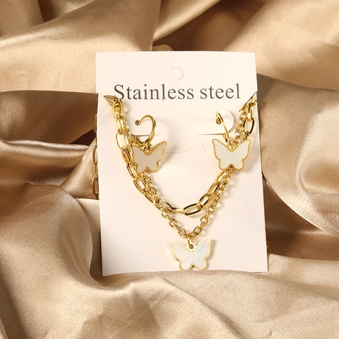 Elegant Butterfly Necklace And Earrings Stainless Steel Gold Plated White Shell Double Layer For Women