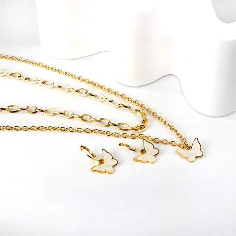 Elegant Butterfly Necklace And Earrings Stainless Steel Gold Plated White Shell Double Layer For Women
