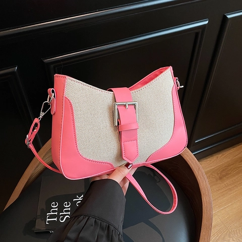 Bolso Bandolera de Lona y Cuero PU Patchwork Vintage para Mujer Color de Contraste Bolso de Axila Hombro Con Hebilla de Metal