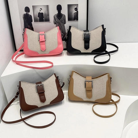 Bolso Bandolera de Lona y Cuero PU Patchwork Vintage para Mujer Color de Contraste Bolso de Axila Hombro Con Hebilla de Metal