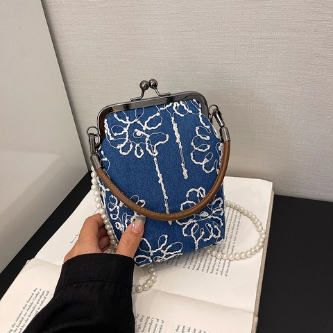 Petit Sac à Main Femme Brodé Style Chinois Vintage Avec Chaîne en Perles Fermoir Baiser Sac Bandoulière pour Mariage Fête Quotidien