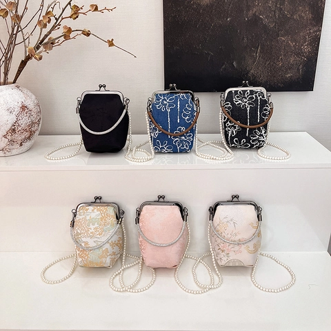 Petit Sac à Main Femme Brodé Style Chinois Vintage Avec Chaîne en Perles Fermoir Baiser Sac Bandoulière pour Mariage Fête Quotidien