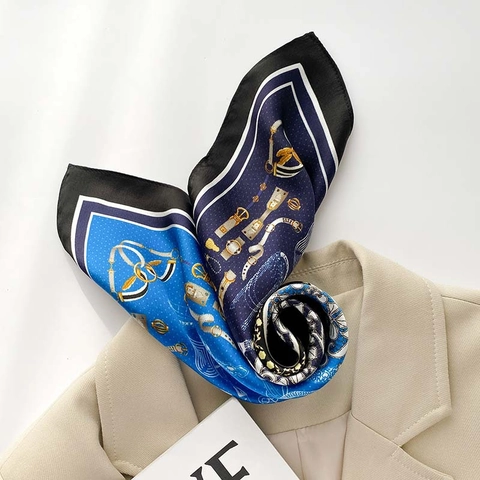 Women Vintage Baroque Print Mulberry Silk Scarf Small Square Scarf Luxury Chain Belt Pattern Elegant Neck Scarf Fashion Accessory Gift