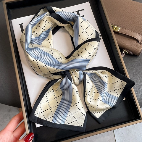 Fashion Skinny Scarf Elegant Satin Neckerchief For Women French Style Letter Rhombic Print Hair Band Bag Accessory
