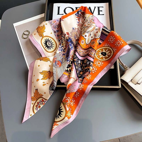 Mulberry Satin Square Scarf Printed Neckerchief For Women Retro Sun Moon Floral Bohemian Fashion Elegant Head Scarf Wrap