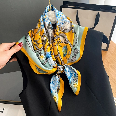 Luxury Mulberry Silk Square Scarf For Women Vintage Floral Print Elegant Silk Neck Scarf Fashion Head Scarf Handkerchief Wrap