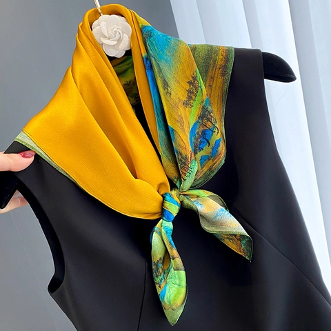Mulberry Satin Square Scarf Chinese Landscape Print Blue Green Mountain River Elegant Retro Soft Satin Women