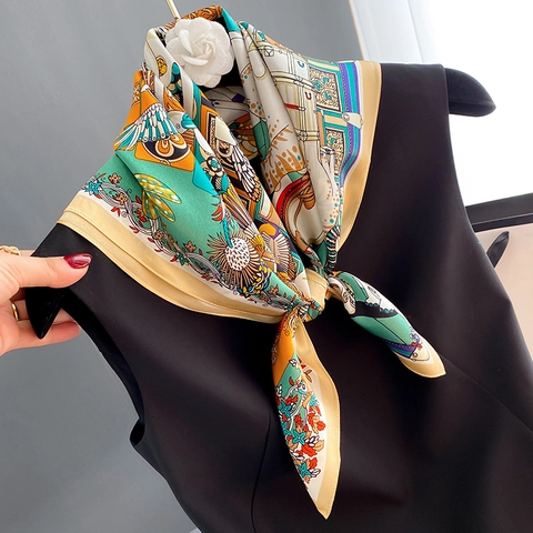Mulberry Satin Square Scarf Vintage Floral Print Elegant Neck Wrap Fashion Lightweight Head Scarf For Women