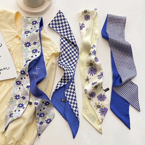Sciarpa Stretta Satin Effetto Raso Floreale Polka Dot Twilly Stile Francese Foulard Fascia Capelli Per Donne