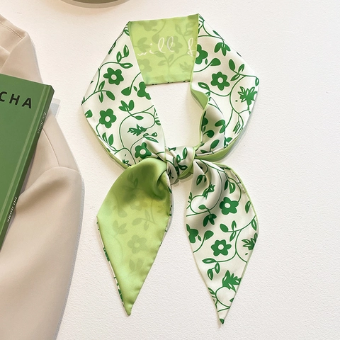 Sciarpa Sottile Verde Imitazione Raso Twilly Floreale Scacchiera Pois Nastro Per Capelli Decorativo Per Borsa