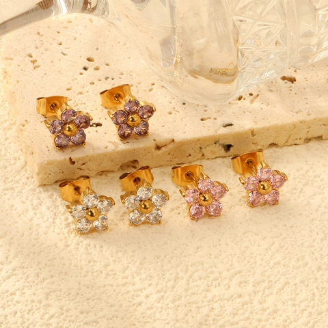 Orecchini A Lobo Fiore Zirconia Colorata Incastonata Acciaio Inossidabile Placcato Oro Gioielli Dolci Per Donne