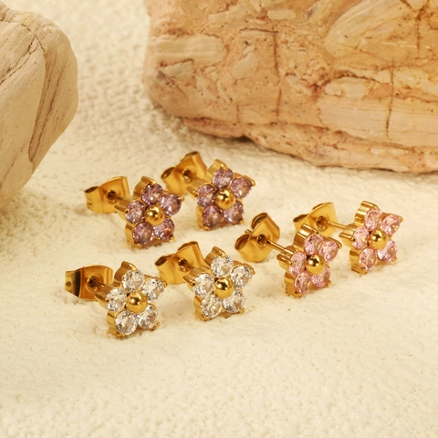 Orecchini A Lobo Fiore Zirconia Colorata Incastonata Acciaio Inossidabile Placcato Oro Gioielli Dolci Per Donne