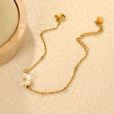 Pulsera Flor Acero Inoxidable Chapado En Oro Nácar Blanco Flor De Durazno Cadena De Cuentas Ajustable Elegante Mujer
