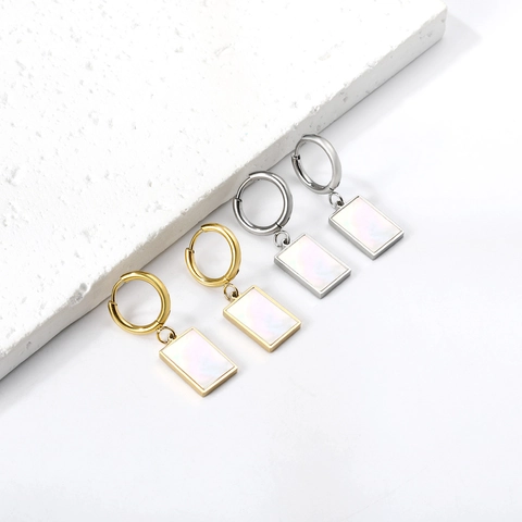 Boucles Oreilles Créoles Pendentif Nacre Rectangulaire Acier Inoxydable Plaqué Or 18K Géométrique Minimaliste Élégant