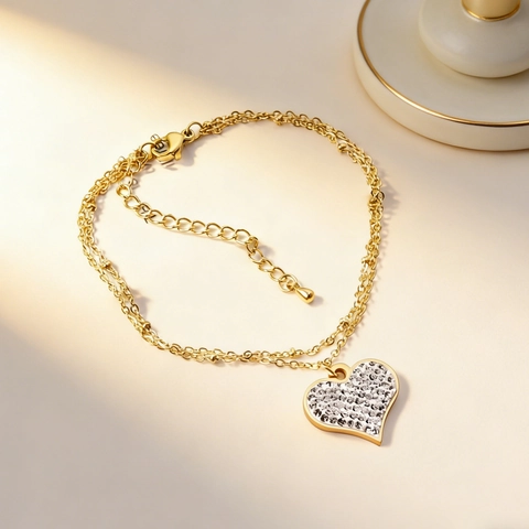 Doppelschichtiges Herz Armband Edelstahl 14K Vergoldet Strass Anhänger Verstellbar Mode Schmuck Für Damen