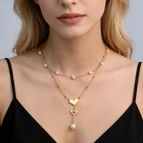 Doppellagige Halskette Mit Herzmuschel-Anhänger Edelstahl Künstliche Perlenkette Für Damen Vergoldet Eleganter Schmuck