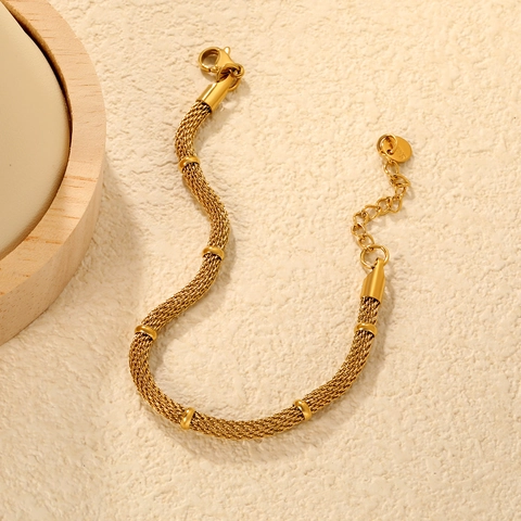 Stainless Steel Bracelet For Women Mesh Woven Braided Herringbone Chain Blue Beads Shell Flower Adjustable Jewelry