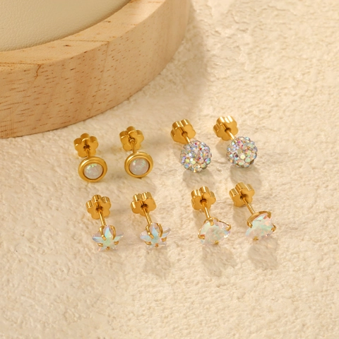 Boucles D Oreilles Puces En Acier Inoxydable Plqué Or Strass Colorés Faux Opale Formes Coeur Étoile Ronde Bijoux