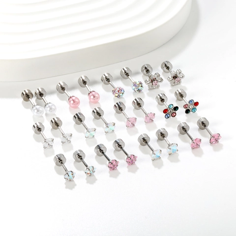 Stainless Steel Stud Earrings For Women Minimalist Small Zirconia Artificial Pearl Star Heart Ear Bone Nails Dainty Jewelry Accessory