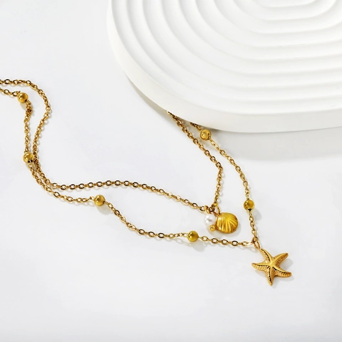 Double Layer Starfish Shell Pendant Necklace 304 Stainless Steel Beaded Chain With Artificial Pearl For Women Beach Holiday Style