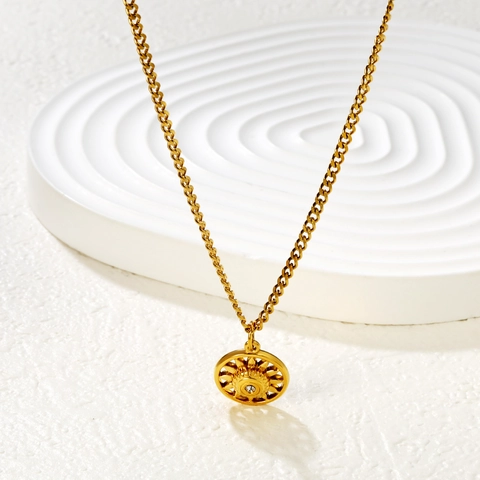 Minimalistische Zon Hanger Ketting Roestvrij Staal Zirkoon Ingelegd Ronde Plaat Sieraden Voor Vrouwen