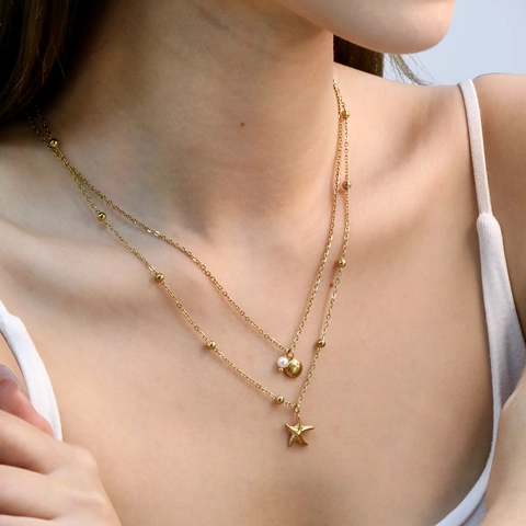 Double Layer Starfish Shell Pendant Necklace 304 Stainless Steel Beaded Chain With Artificial Pearl For Women Beach Holiday Style