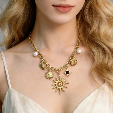 Collar Con Colgante Celestial De Acero Inoxidable Chapado En Oro Dijes De Sol Luna Estrella Perla Artificial Imitación Gema Negra Joyería Bohemia Vintage Mujer