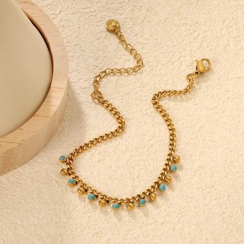 Pulsera De Acero Inoxidable Para Mujer Chapada En Oro Cuentas Azules Cadena De Eslabones Joyería Ajustable