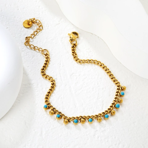 Pulsera De Acero Inoxidable Para Mujer Chapada En Oro Cuentas Azules Cadena De Eslabones Joyería Ajustable