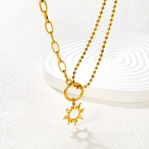 Collier Pendentif Soleil Acier Inoxydable 304 Chaîne Trombone Et À Billes Asymétrique Bijoux Minimalistes