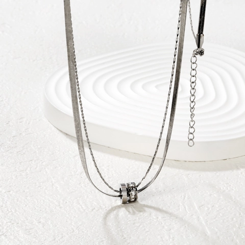 Double Layer 304 Stainless Steel Necklace Flat Herringbone Snake Chain Cubic Zirconia Interlocking Rings Pendant Women