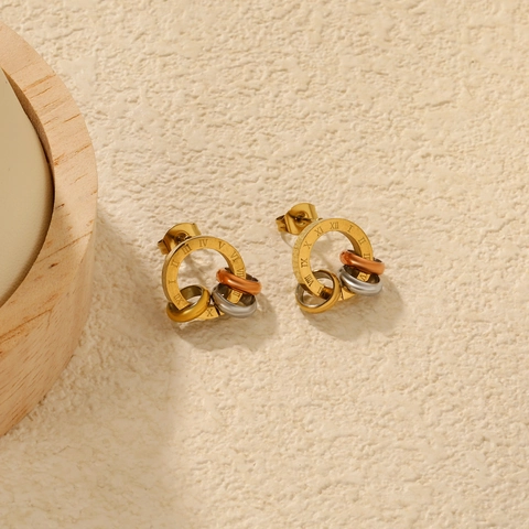 Stainless Steel Stud Earrings Roman Numerals Three Tone Interlocking Rings Minimalist Elegant Jewelry For Women