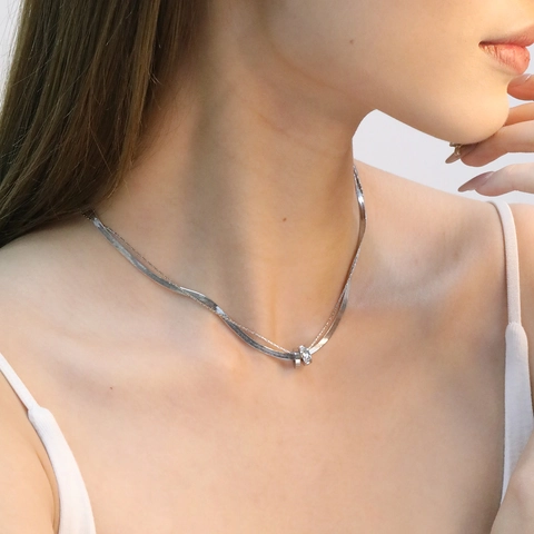 Double Layer 304 Stainless Steel Necklace Flat Herringbone Snake Chain Cubic Zirconia Interlocking Rings Pendant Women