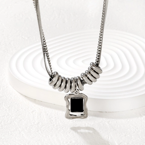 Collana A Doppio Strato In Acciaio Inossidabile Con Ciondolo Quadrato In Agata Nera Catena A Spina Di Pesce Gioielli Moderni
