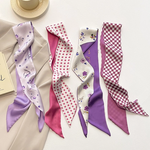 Women Elegant Satin Skinny Scarf Floral Polka Dot Checkerboard Twilly For Bag Handle Hair Band Neck Tie Decorative Silk Like Scarf