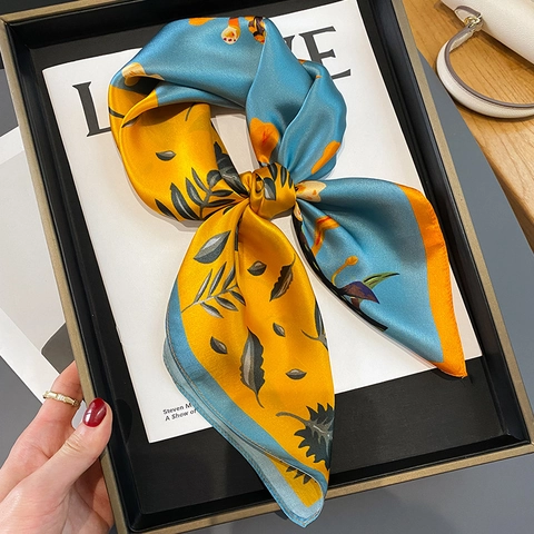 Pañuelo Cuadrado De Satén Con Estampado Retro Satén De Mora Bloques De Color Patrón Botánico Bufanda Elegante Para Mujer