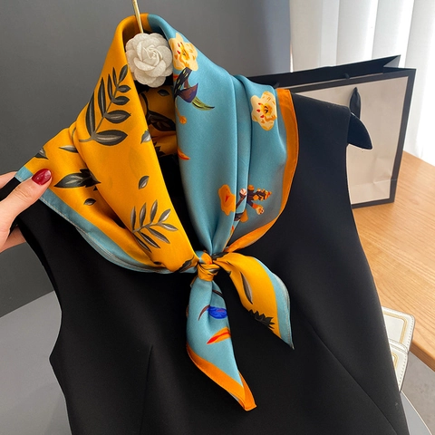 Pañuelo Cuadrado De Satén Con Estampado Retro Satén De Mora Bloques De Color Patrón Botánico Bufanda Elegante Para Mujer
