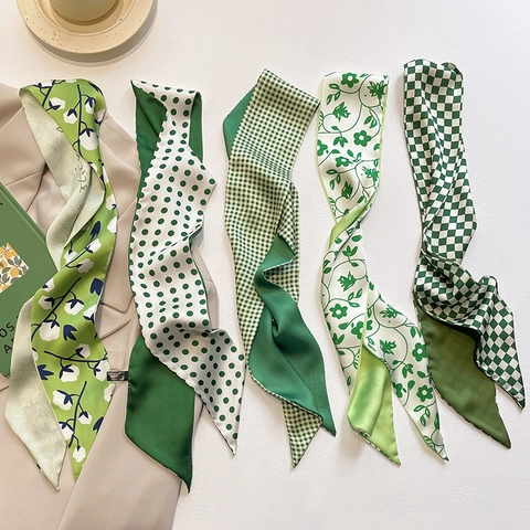 Sciarpa Sottile Verde Imitazione Raso Twilly Floreale Scacchiera Pois Nastro Per Capelli Decorativo Per Borsa