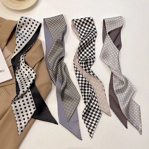 Professional Women Skinny Satin Scarf Office Temperament Checkerboard Polka Dot Hair Band Handbag Streamer Elegant Neck Scarf