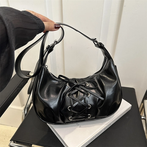 Women's PU Leather Hobo Bag Vintage Lace Up Corset Style Shoulder Bag With Metal Eyelets Casual Underarm Bag For Women