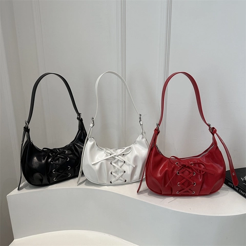 Schleife Halbmond Tasche PU Leder Schnürung Korsett Design Unterarm Schultertasche Y2K Trendy Stil Für Frauen