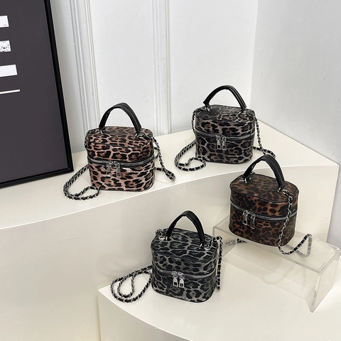 Mini Borsa A Tracolla Stampa Leopardata Borsa A Mano Pelle PU Doppia Cerniera Forma Di Scatola Catena Per Donna