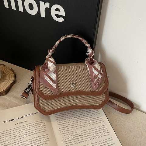Women Crossbody Bag Handbag Retro PU Leather Woven Texture Metal Letter D Satin Scarf Handle Fashion Elegant Contrast Color