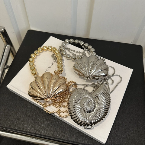 Elegant Metallic Shell Conch Shape Evening Bag For Women Luxury Gold Silver Crossbody Handbag For Wedding Party Social Events