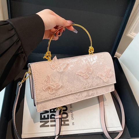 Butterfly Embroidery Crossbody Bag For Women 3D Lace Small Square Handbag With Metal Ring Handle And PU Leather Strap