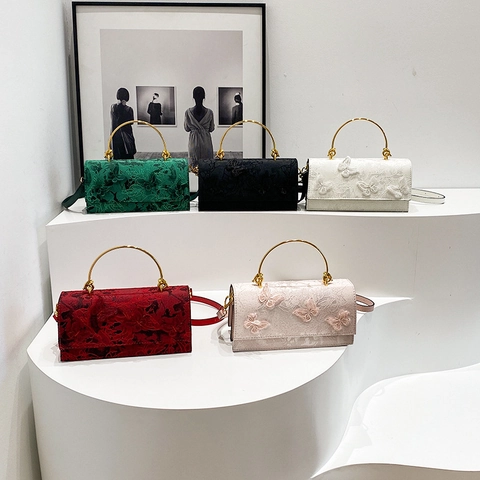Butterfly Embroidery Crossbody Bag For Women 3D Lace Small Square Handbag With Metal Ring Handle And PU Leather Strap