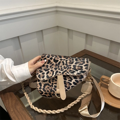 Borsa a Sella Leopardata da Donna in Pelle PU Con Tracolla Intrecciata Rimovibile Borsa a Tracolla alla Moda Donna