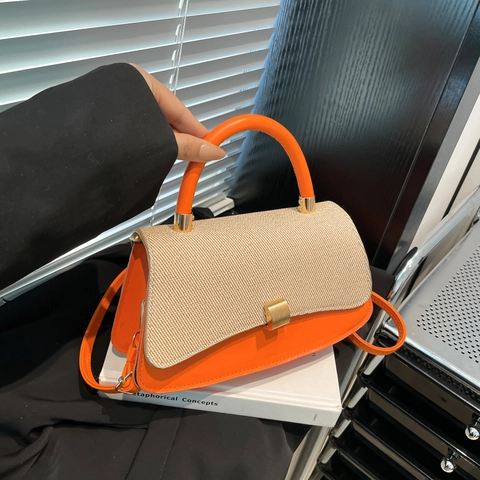 Bolso Bandolera Mujer Bolso De Mano Cuero PU Tejido Empalme Color Contraste Cerradura Dorada Cuadrado Chic Moderno Versátil