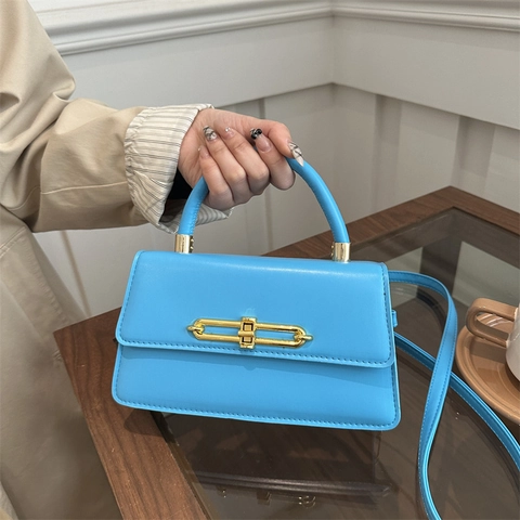 Women PU Leather Small Square Crossbody Bag With Top Handle And Gold Metal Link Lock Elegant Shoulder Handbag Vintage
