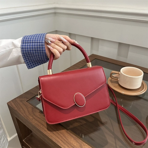 PU Leather Crossbody Bag Women Small Square Handbag Gold Oval Clasp Top Handle Adjustable Strap Retro Solid Color Minimalist